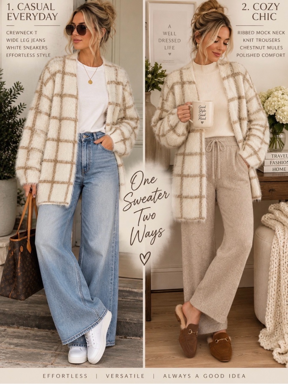 Love Ever After Fuzzy Grid Cardigan Cream Tan Eyelash Knit Open Front Size L